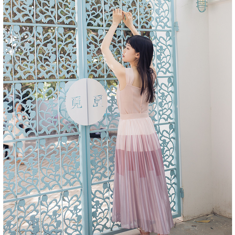 miss豚夏装新清新百褶缎面光泽感高腰风琴褶百搭中长款半身裙少女