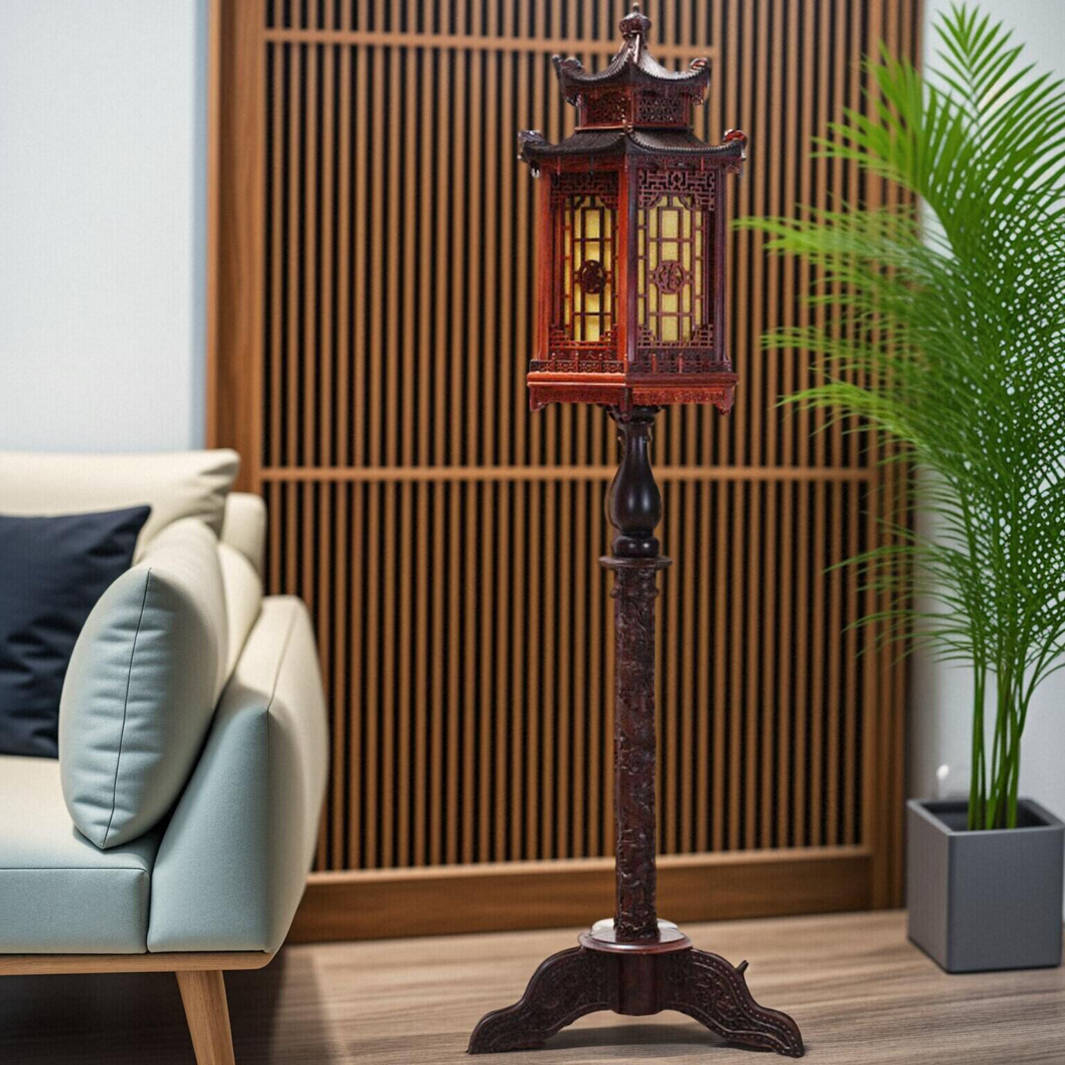 古典红木落地灯缅甸花梨木立灯具变光可遥控客厅卧室别墅书房中式