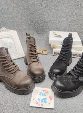 印象2024冬新款厚底粗跟加绒短靴子烟筒靴系带马丁靴女78906