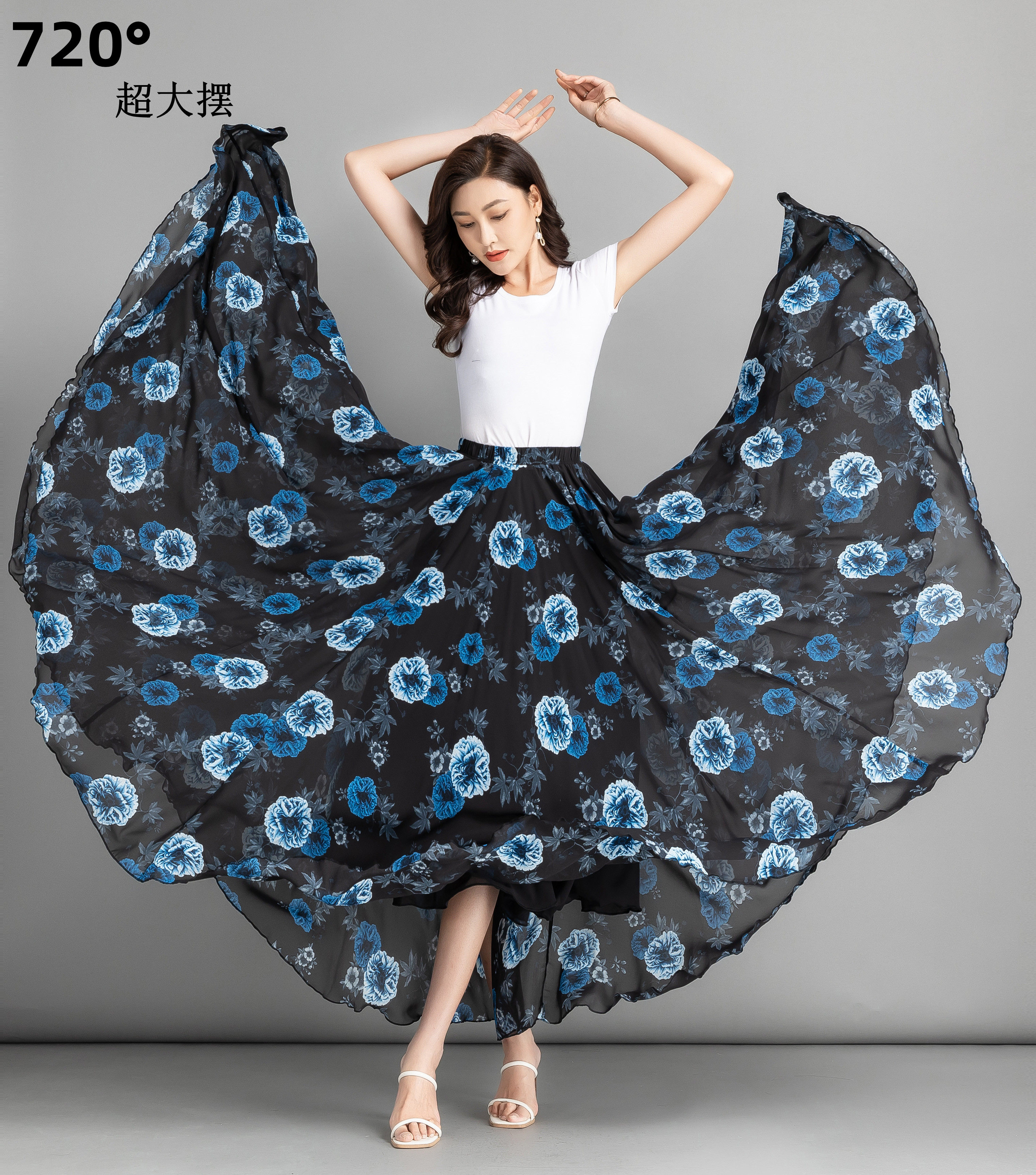 2025新款夏季720度雪纺碎花半身裙女花色长裙高腰仙气印花大摆裙