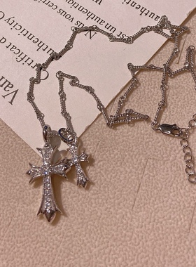 纯银双十字架项链女小众设计简约冷淡银色镶钻双十字架项链女