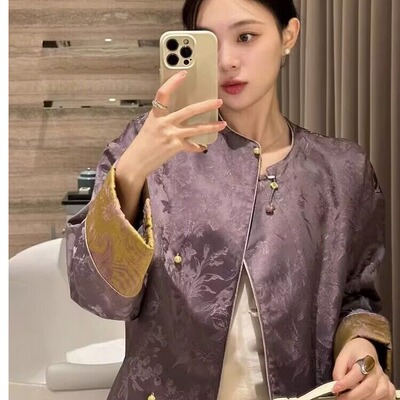 紫色新中式国风提花斜襟盘扣外套女设计感超好看今年流行唐装上衣