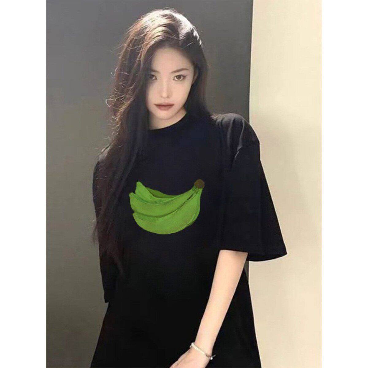 青香蕉印花趣味设计感宽松慵懒黑色短袖T恤衫女夏季新款休闲上衣