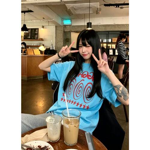 美式复古蓝色圆领短袖女夏季新款字母印花纯棉t恤宽松休闲上衣ins