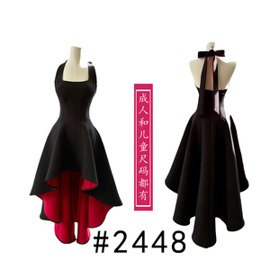 2448亲子装黑红撞色燕尾礼服裙纸样方领无袖收腰宴会裙裁剪版型图
