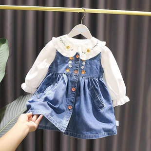 女童洋气牛仔背心绣花裙连衣裙婴儿春装韩版女宝宝马甲裙两件套装