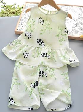 夏季女童绵绸背心长裤两件套装薄款儿童韩版空调服女宝宝外穿套装