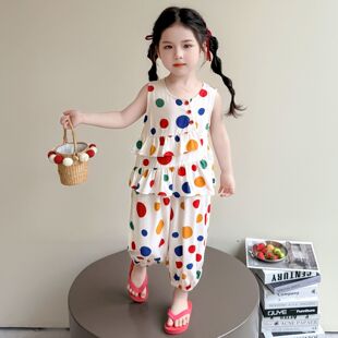 洋气女童套装夏季新款儿童波点棉绸套装薄款童装居家服宝宝夏装