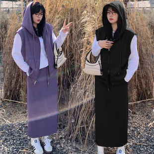 春秋新款大码女装胖mm两件套马甲卫衣套装纯色内搭T恤遮肉 套装女
