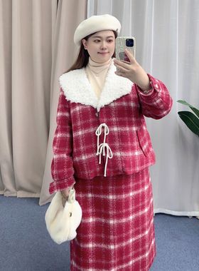 胖mm大码女装红色新年200斤 圣诞节小香风两件冬装羽绒内胆套装裙