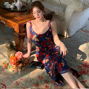 夏 新款大码女装气质200斤收腰斜裁鱼尾吊带连衣裙胖mm雪纺包臀裙