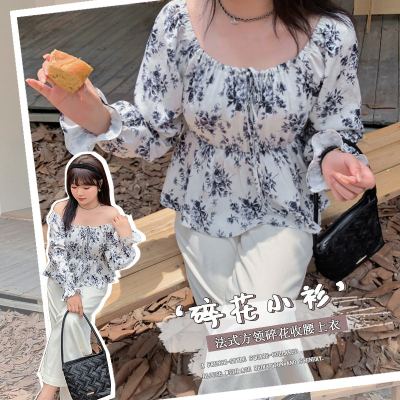 春秋洋气新款新款秋季方领泡泡袖收腰法式碎花蝴蝶结长袖锁骨上衣