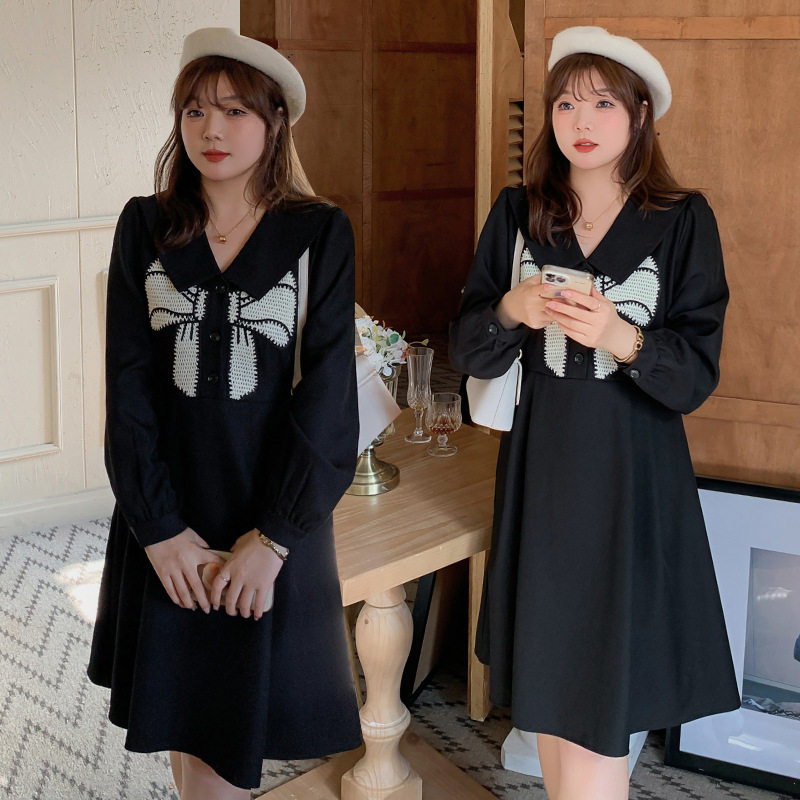 春秋新款200斤大码学院风蝴蝶结小黑裙女 闺蜜装连衣裙胖MM连衣裙