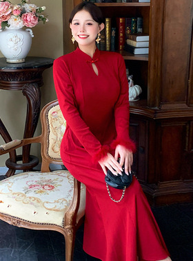 大码女装中式红色针织改良连衣裙袖肥大红色旗袍复古鱼尾裙 200斤