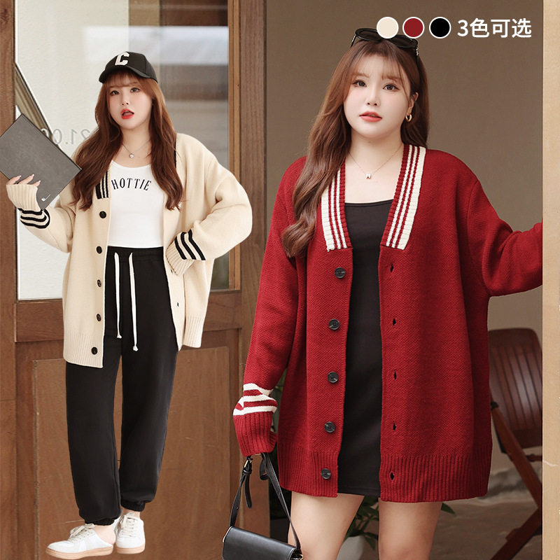 女新款提花撞色V领针织外套大码秋外套胖mm春秋新款韩版微胖200斤,女装/女士精品,大码连衣裙,淘宝优惠券,粉丝福利购,淘宝优惠卷