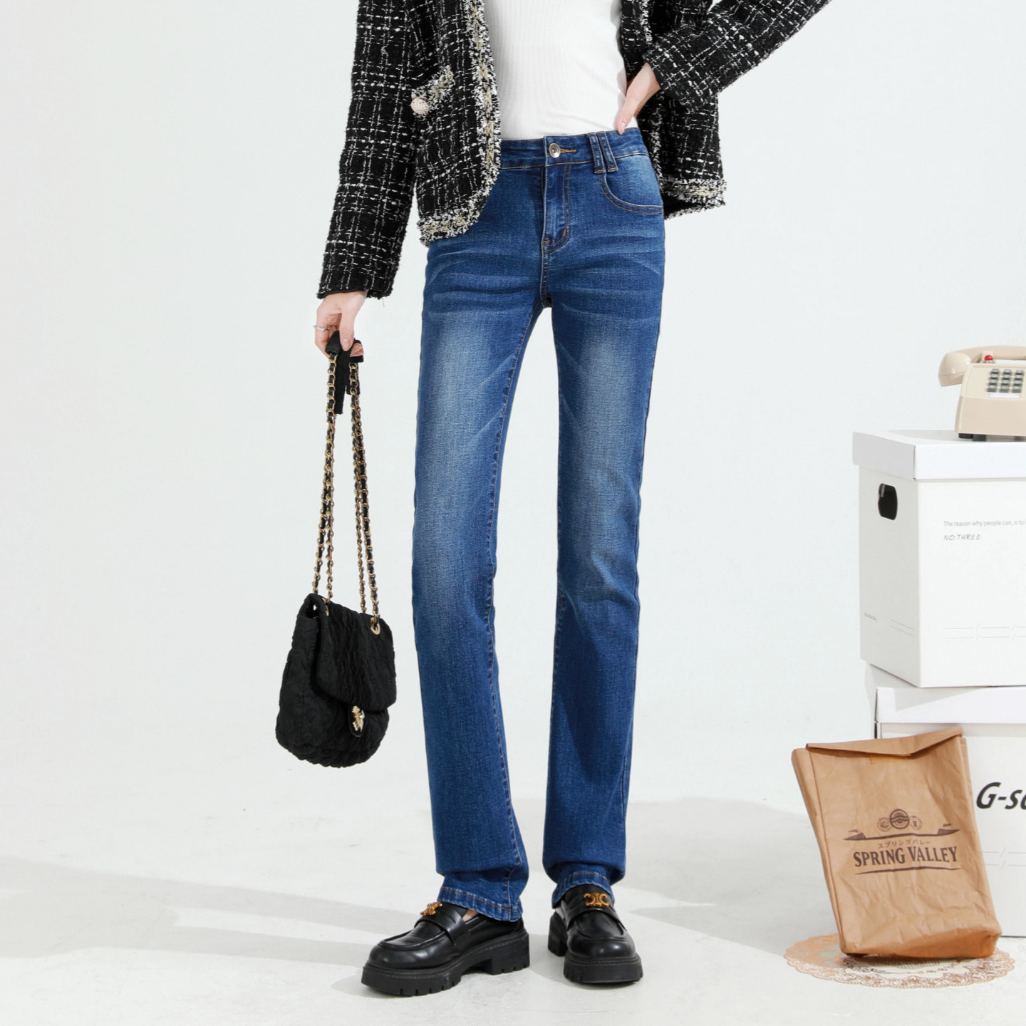 中腰直筒牛仔裤女常规宽松不紧百搭弹力长裤显瘦通勤休闲拉链开襟