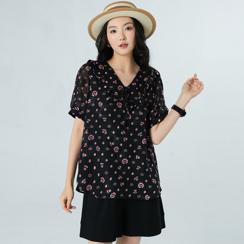 200斤胖mm夏装洋气时尚雪纺T恤衫