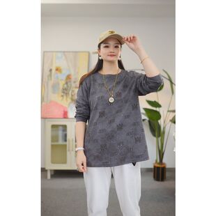 大码女装春秋季新款长袖打底衫200斤胖mm宽松遮肉显瘦外穿T恤上衣