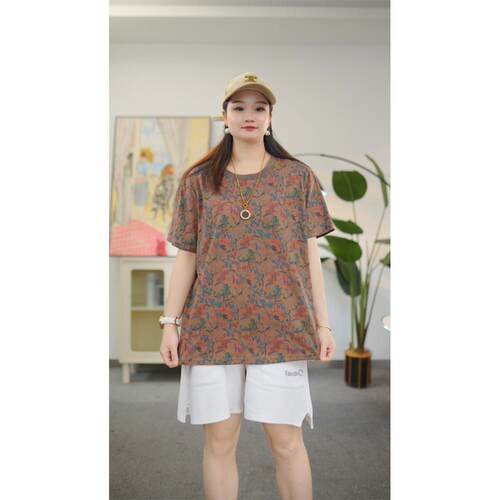 加大码女装纯棉短袖t恤200斤胖mm宽松显瘦胖妈妈气质上衣夏季新款