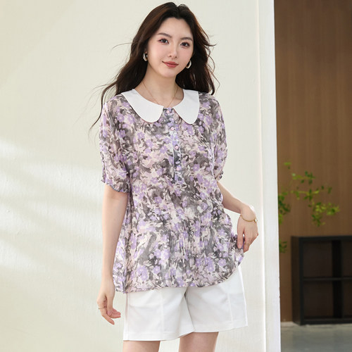 胖mm夏装时髦洋气雪纺短袖T恤