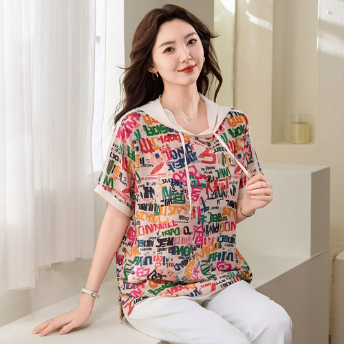 特大码女装夏装200斤胖mm时尚休闲雪纺上衣胖妹妹宽松显瘦连帽T恤