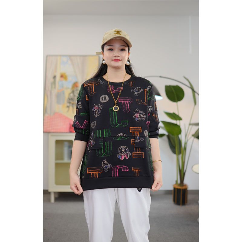 大码女装秋季新款长袖打底衫胖妹妹圆领印花宽松显瘦时尚T恤上衣