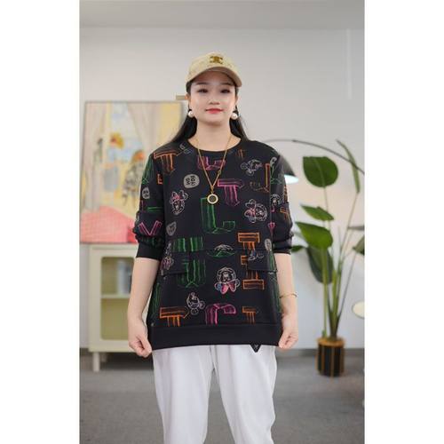 大码女装秋季新款长袖打底衫胖妹妹圆领印花宽松显瘦时尚T恤上衣