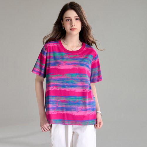 大码女装夏季新款胖妹妹洋气时尚上衣胖mm宽松显瘦短袖条纹T恤衫