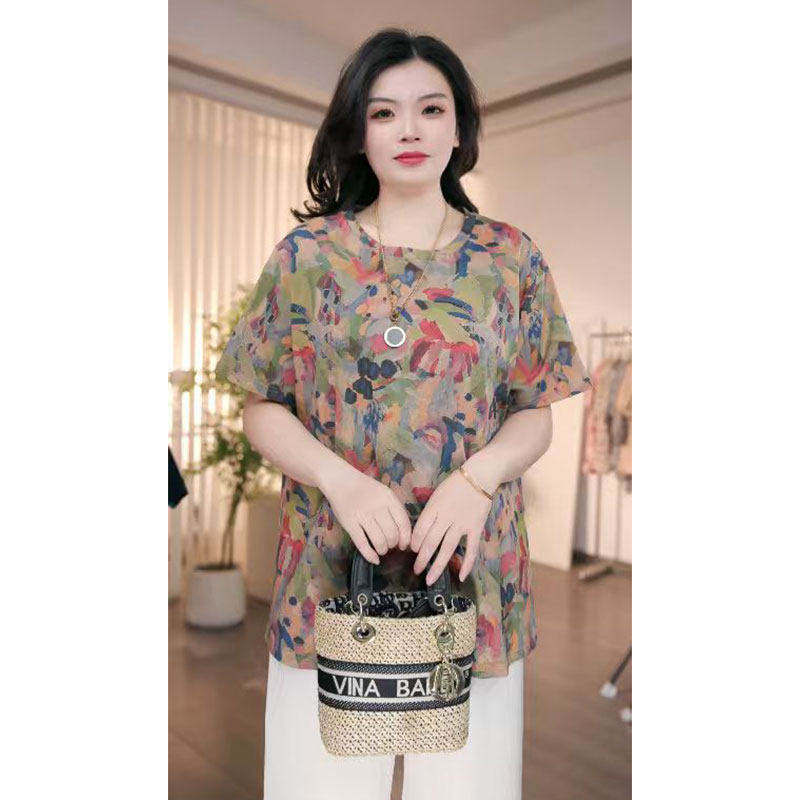 大码女装夏季新款短袖t恤200斤胖mm宽松显瘦轻薄肥胖简约印花上衣