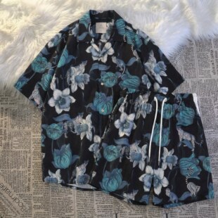 夏季男士睡衣冰丝短袖新款猎豹碎花夏天青年休闲可外穿家居服套装