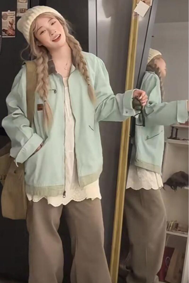 现货美式复古撞色拼接翻领外套女春秋学院风气质百搭工装夹克上衣,男装夹克,电商A306-1