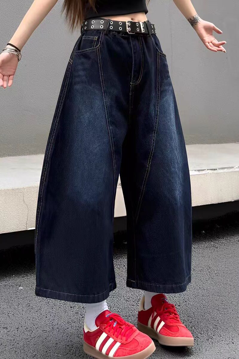 官2416-P50美式复古字母刺绣拼接弯刀牛仔裤男女同款高腰阔腿裤，女装牛仔裤，电商A306-1