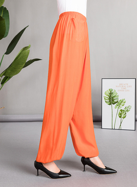 太极晨练夏季棉绸裤子女男高腰宽松防蚊裤大码宽松练功裤广场舞裤