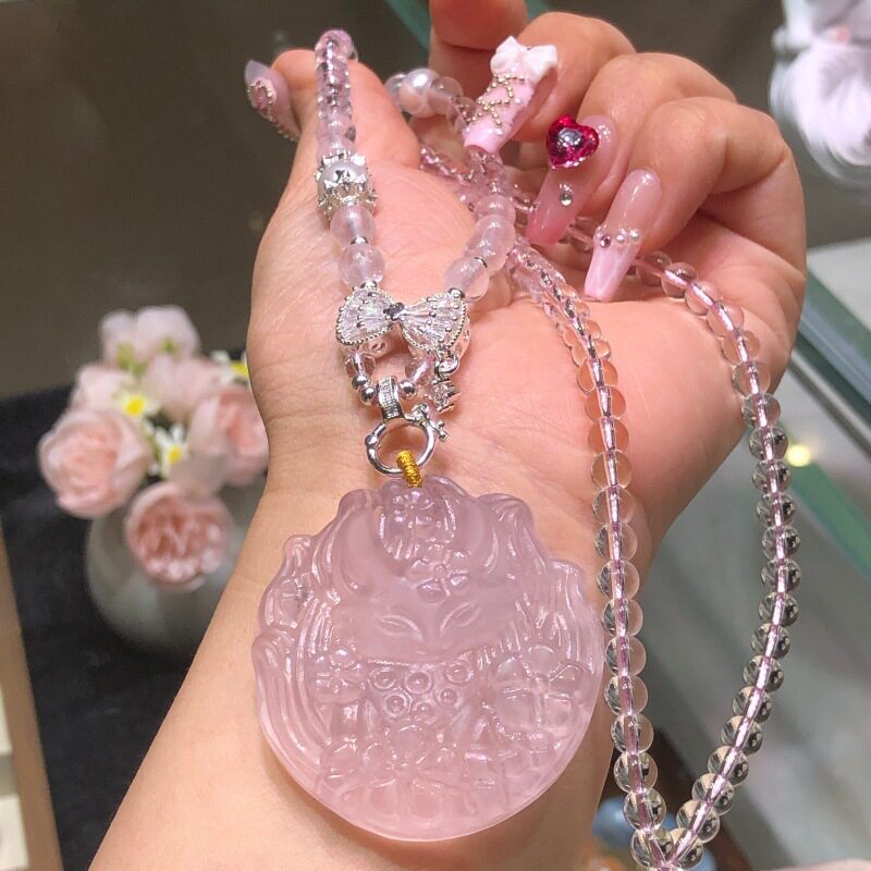 天然粉水晶九尾狐招正缘桃花吊坠