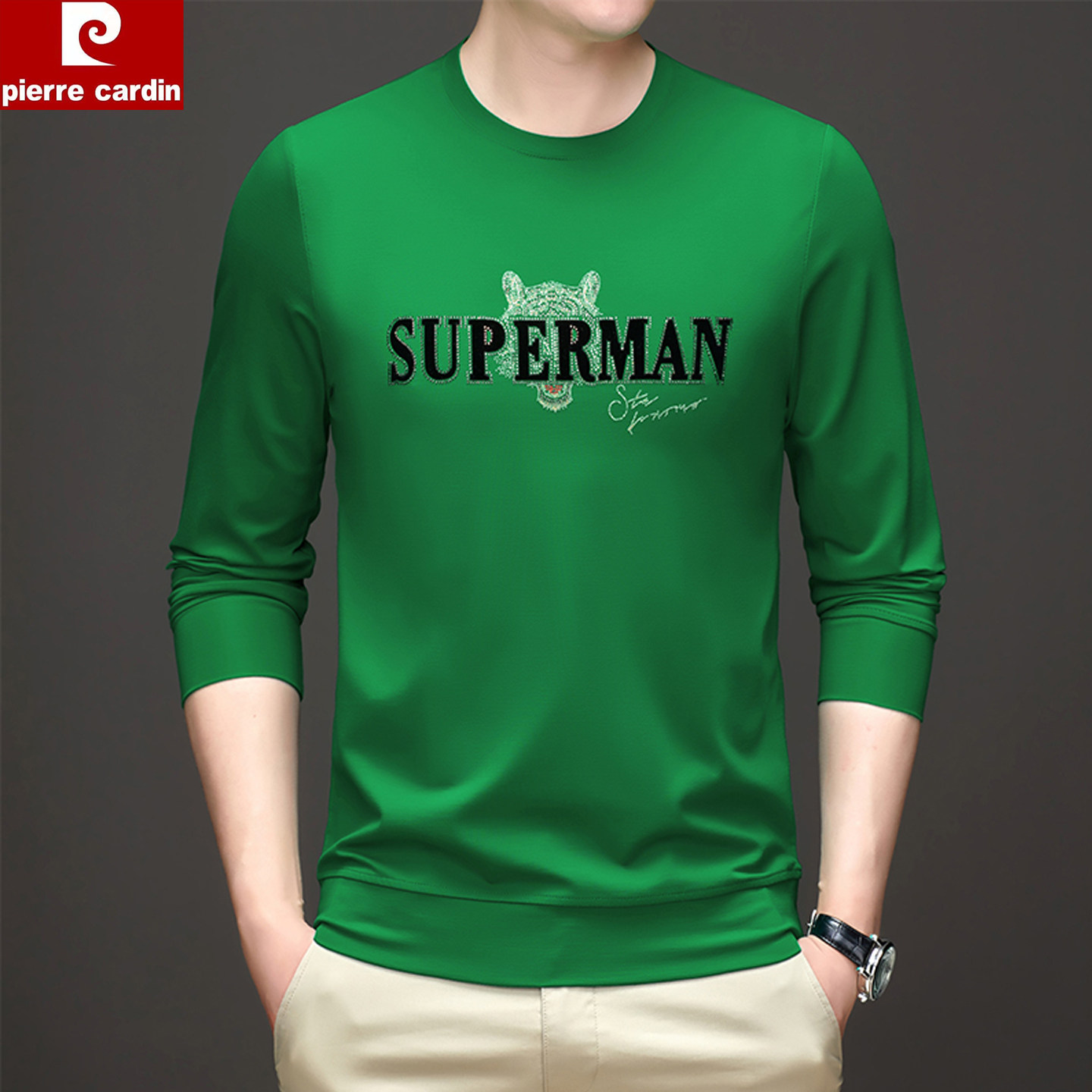 皮尔卡丹印花丝光棉长袖t恤男圆领春秋季薄款休闲套头卫衣男上衣,男装,T恤,淘宝优惠券,粉丝福利购,淘宝优惠卷