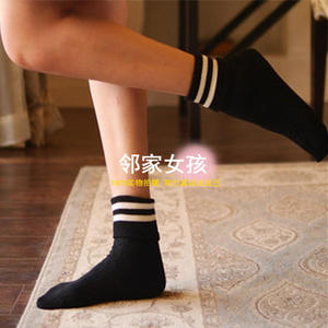 韩国堆堆袜秋冬纯棉加厚保暖毛线袜黑白条纹袜双杠袜中长筒袜子女