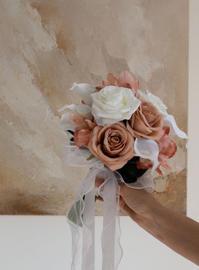 仿真花咖色色调新娘婚礼拍照手捧花伴娘小花束影楼摄影花领证花艺