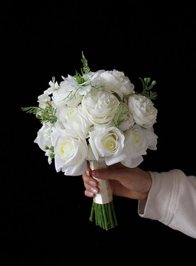 仿真花白色玫瑰球形手捧花婚纱照绢花摄影花束影楼婚礼拍照道具