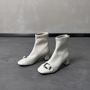 浪花 早秋优雅法式扣饰小方头可爱弹力瘦瘦靴女靴