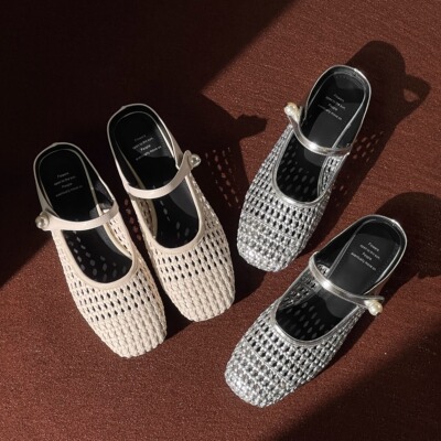 韩系编织小珍珠点缀包头单鞋