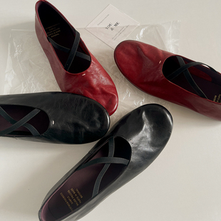 奈一   头层水洗牛皮交叉带浅口芭蕾鞋