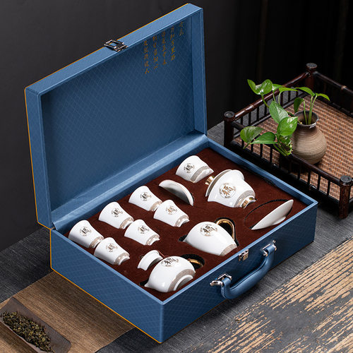 德化羊脂玉瓷功夫茶具套装三才盖碗茶壶品茗杯礼盒装加印文字