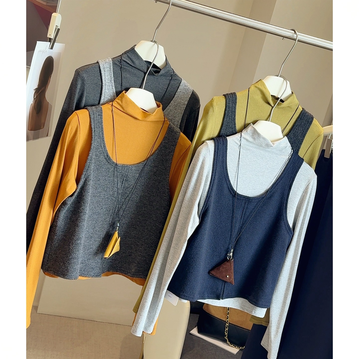 十三行韩系氛围感叠穿针织背心女半高领长袖T恤两件套秋2025套装