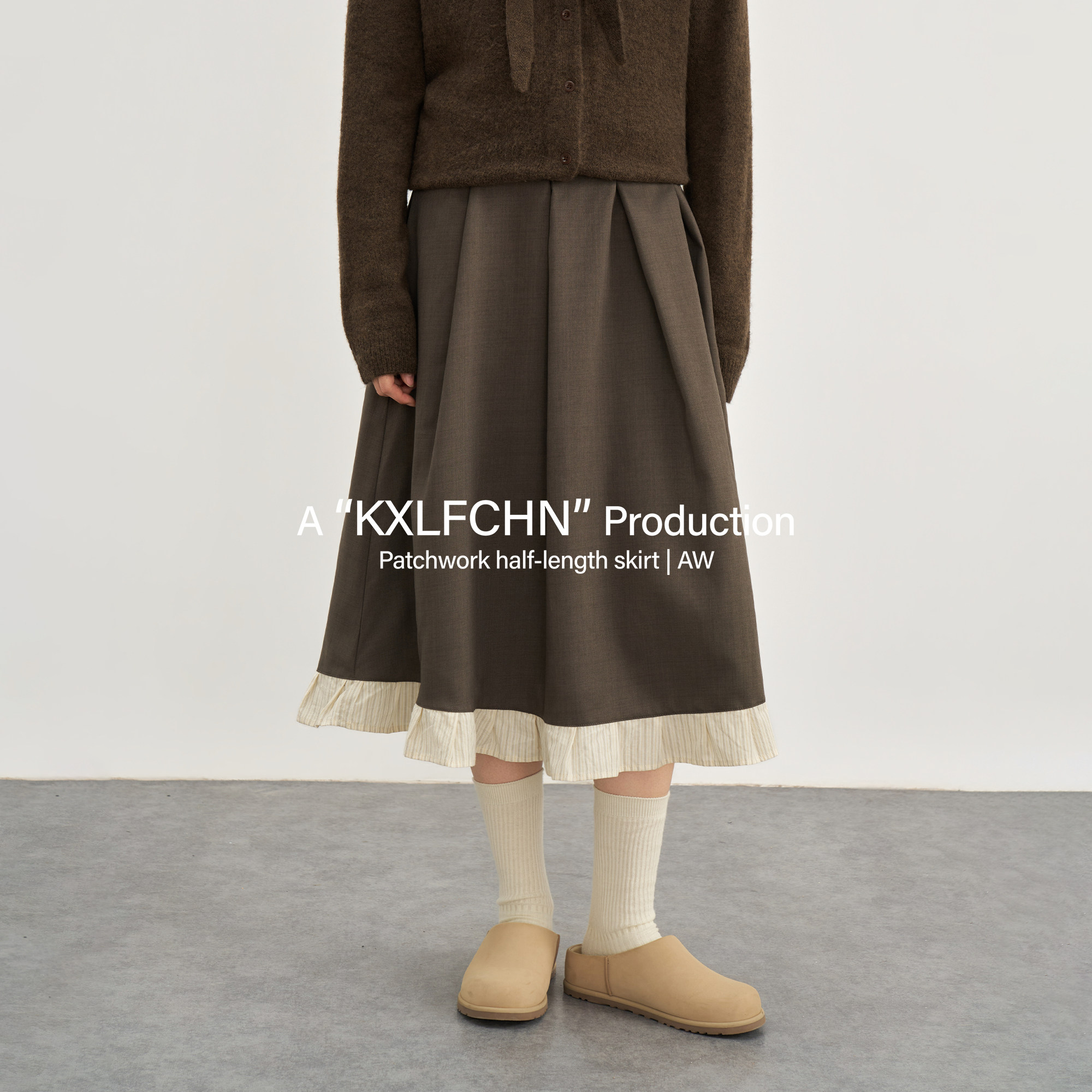 KXLFCHN空穴来风 复古条纹拼接半身裙女秋冬百褶撞色宽松休闲长裙