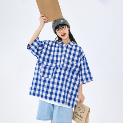 KXLFCHN半开领短袖格子衬衫男女