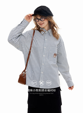 KXLFCHN空穴来风 秋季刺绣小狗长袖衬衫女翻领宽松格纹衬衣外套男