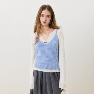 空穴来风 毛衣罩衫 夏季 假两件长袖 上衣女 宽松休闲百搭款 KXLFCHN