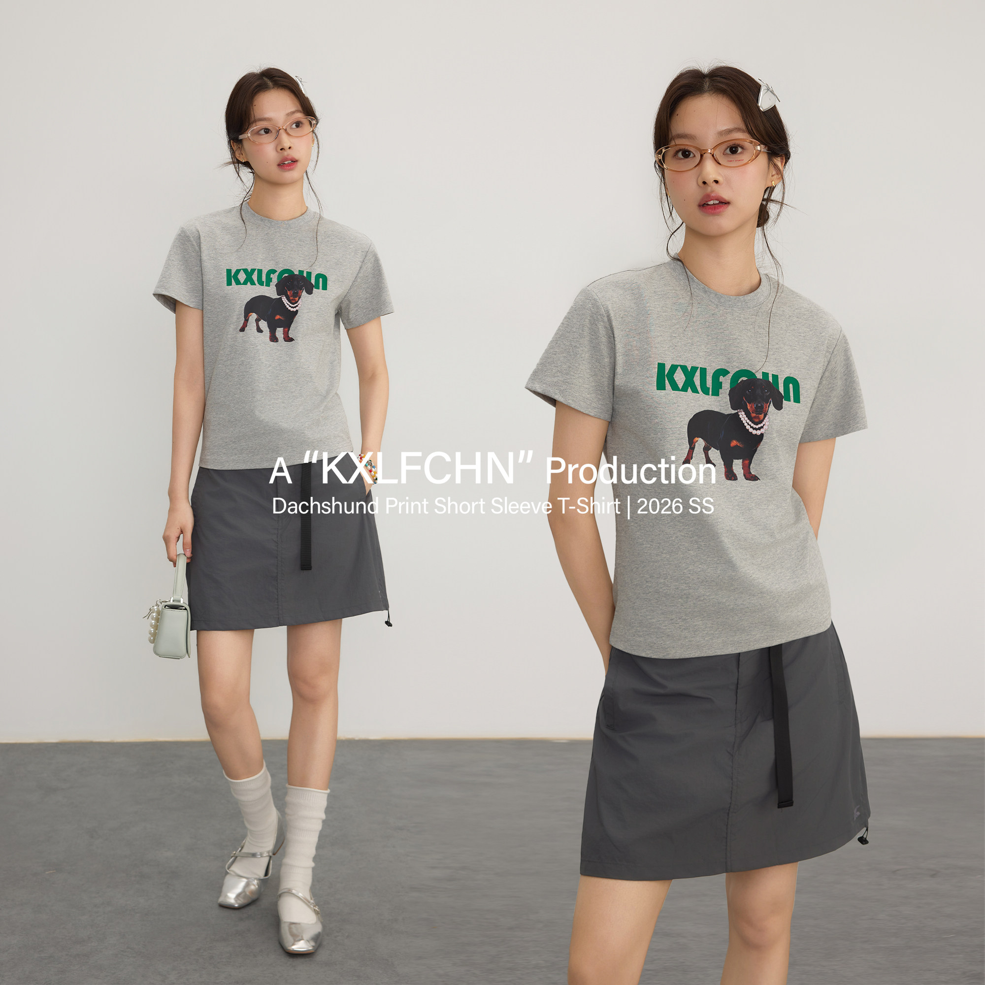 KXLFCHN空穴来风 腊肠狗趣味印花短袖女潮牌百搭圆领修身T恤上衣