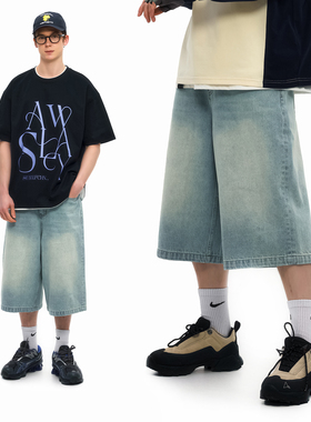 KXLFCHN空穴来风 潮牌复古水洗做旧牛仔七分裤男夏季宽松阔腿短裤