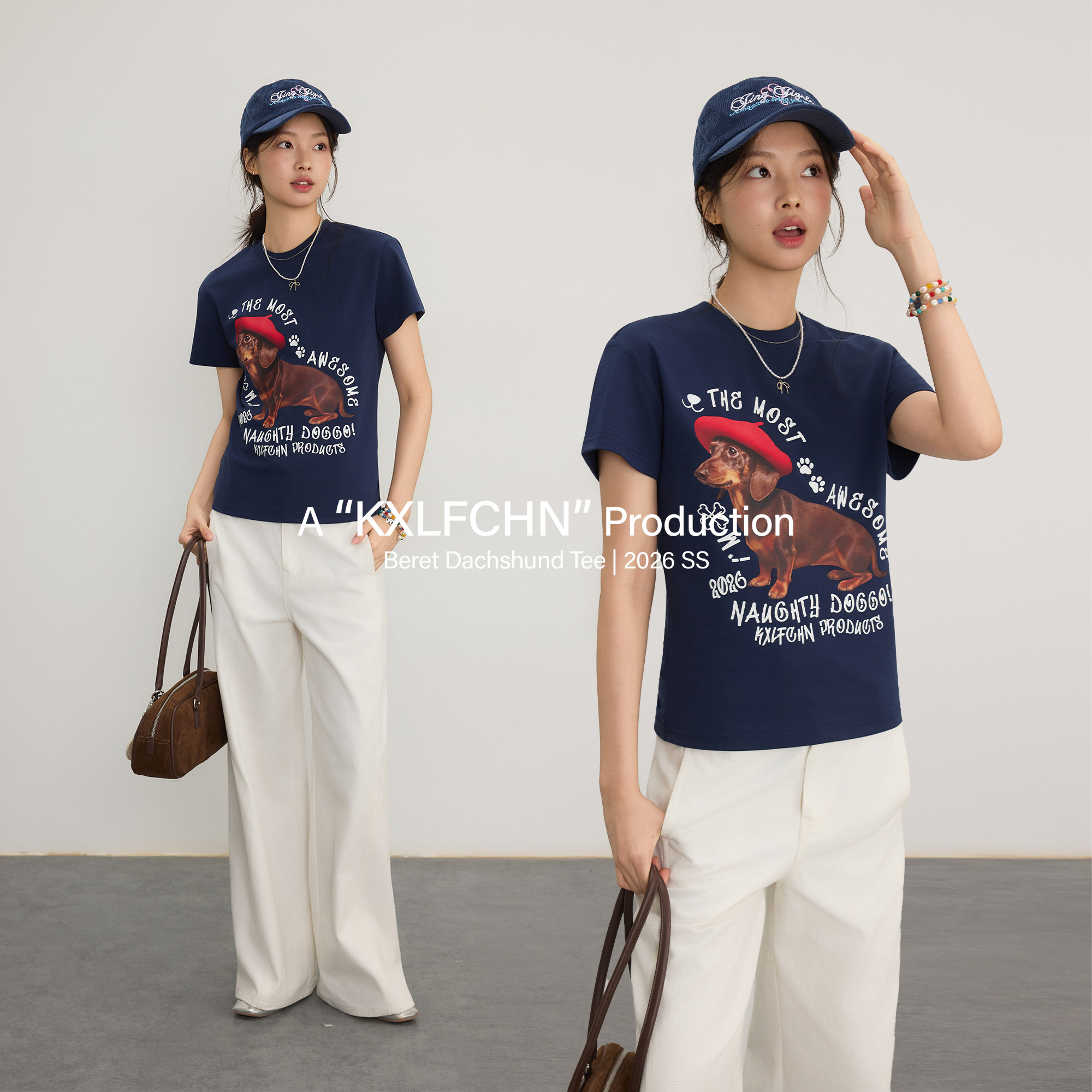 KXLFCHN空穴来风 夏季画家帽腊肠狗tee宽松休闲复古百搭短袖T恤女 - 实物图
